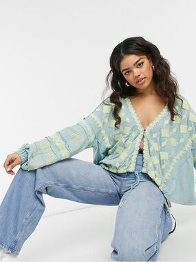 Free People Home Town embroidered volume sleeve top